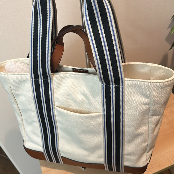Lauren Lora Canvas Leather Off White Nautical Striped Snap Close Tote
